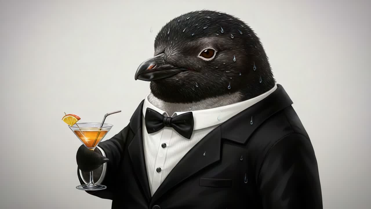 A dapper penguin in a tuxedo enjoys a cocktail, embodying charm and sophistication, showcasing a whimsical and humorous twist on a classic party scenario