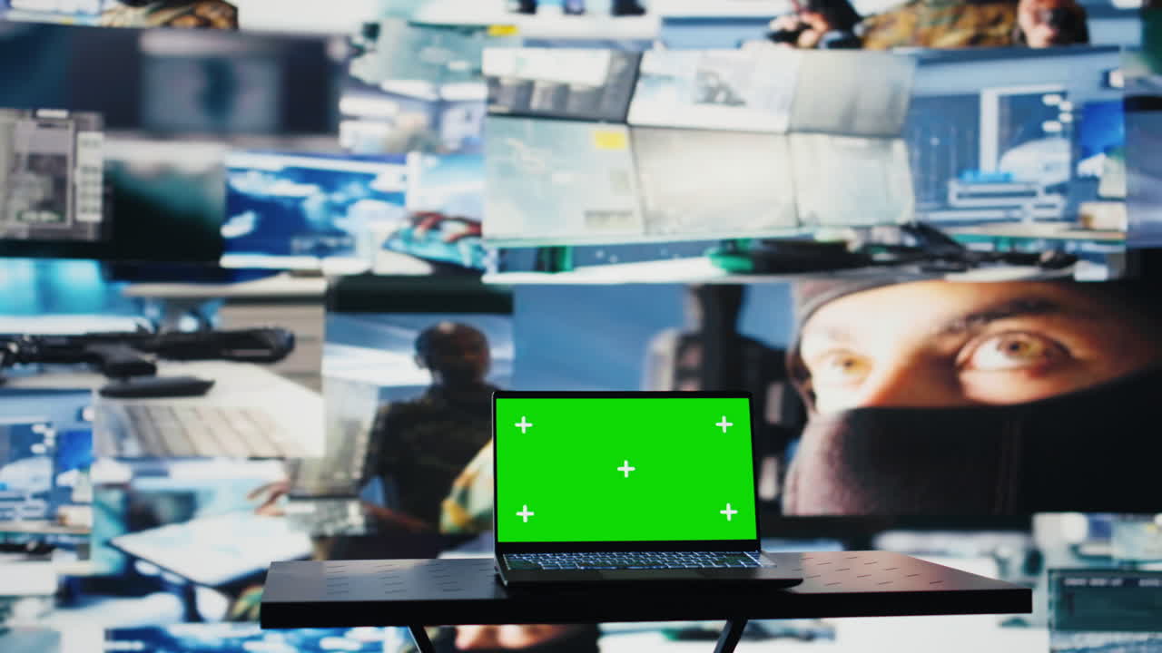 Copy space mockup on laptop display next to satellite imagery of enemy forces