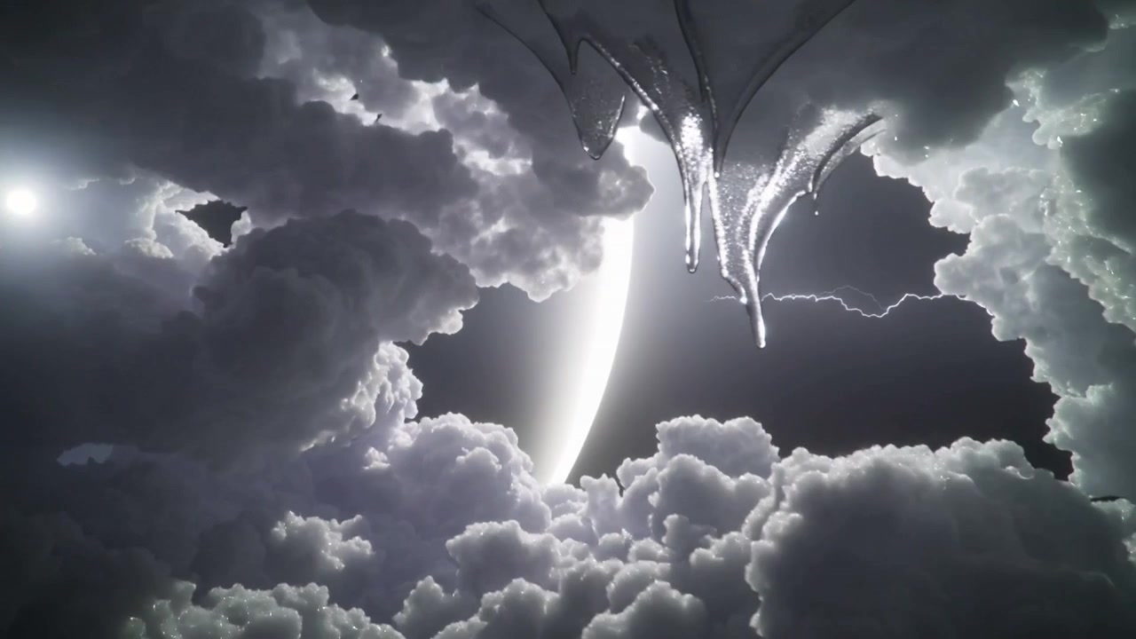 Shifting cloud bank revealing crescent and lightning while crystals catching backlight at altitude