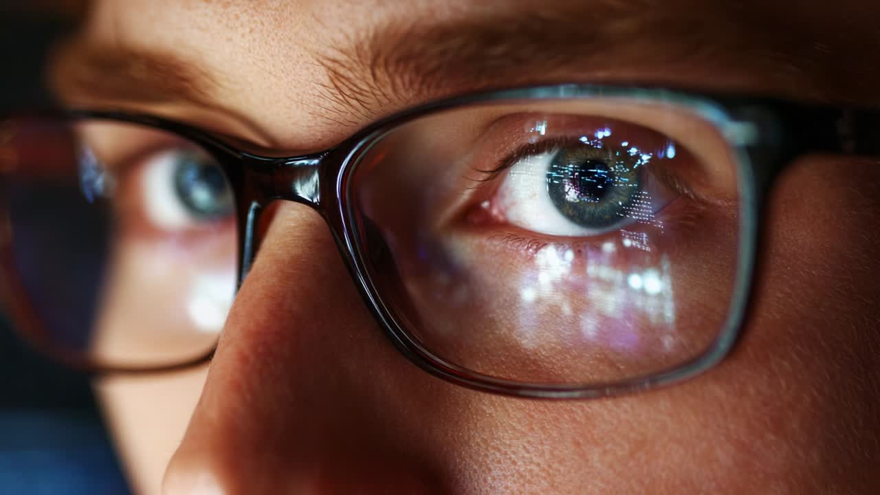 Close-Up Focus on a Person's Eye Behind Glasses, Capturing Reflections of Digital Screens and Lights, Highlighting Intense Concentration and Engagement with Technology in a Modern Environment