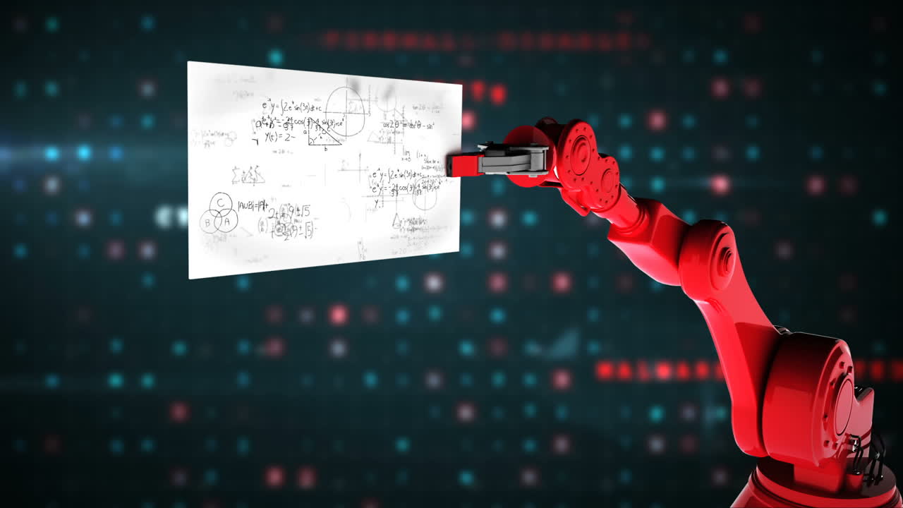 Digitally generated video of red robotic arm holding card with mathematical formula
