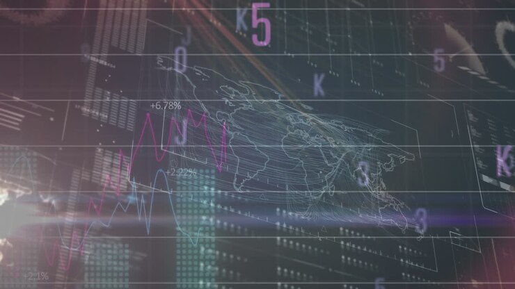 Animation of statistics and digital data processing on dark background