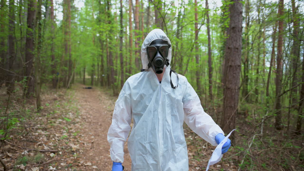 toma de seguimiento de un hombre con un mono y una máscara caminando en un bosque, 4k