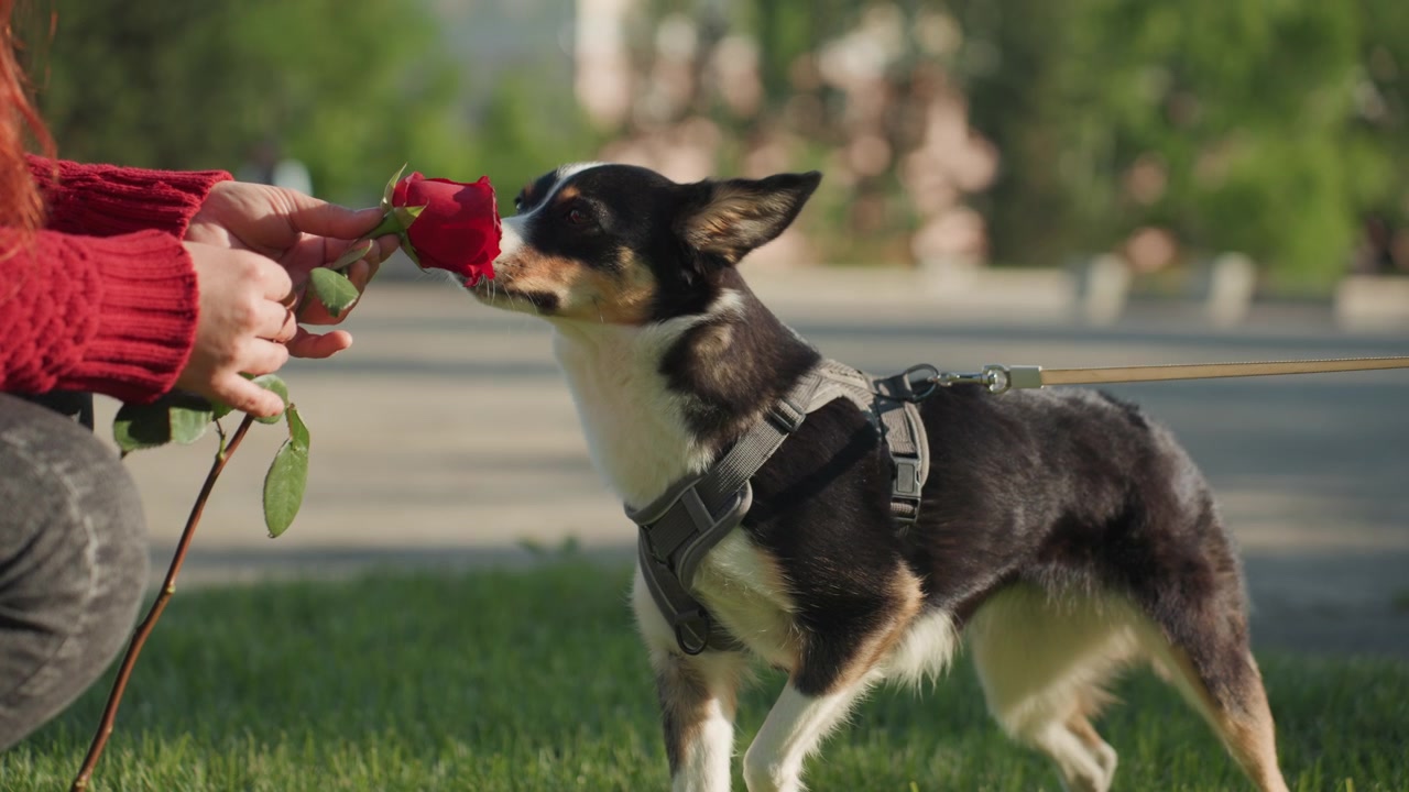 Close up of woman offering red rose to her small black and white dog in outdoor park setting. woman holds flower while calm focused animal sniffs it capturing their interaction with natural
