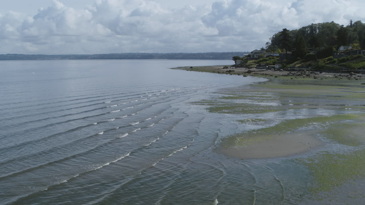 Fast aerial pull out of the waves of Dumas Bay revealing more of the scene with shore and trees.