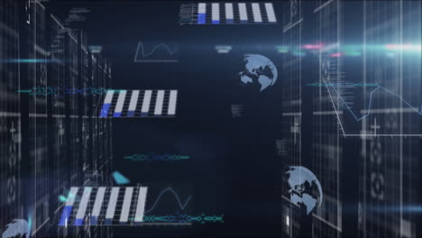animation of statistics and data processing over globes and servers