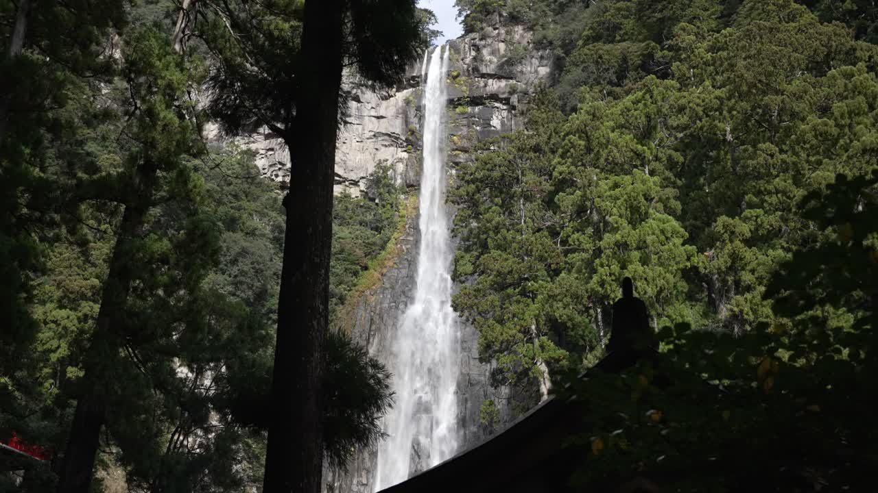 Nachi Falls cascading down a rocky cliff surrounded by a lush green forest in Nachikatsuura, Japan. Slow Motion