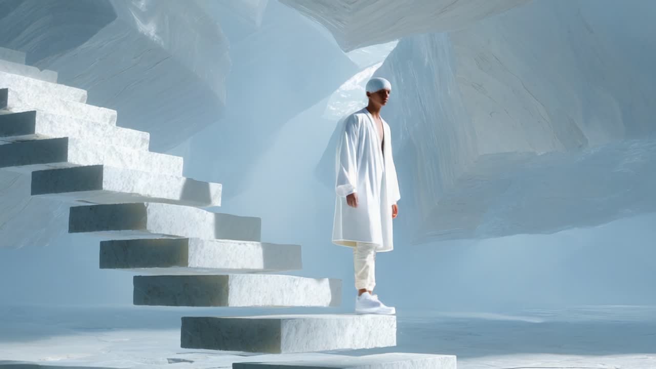 A solitary figure ascends a series of white, minimalist steps in a surreal, ethereal environment, surrounded by smooth, abstract formations that evoke a sense of tranquility and introspection