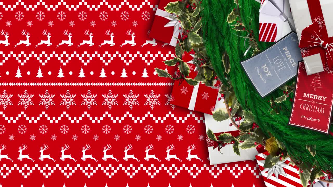 크리스마스 패턴 위 에 있는 소나무 가지 와 선물 들 의 애니메이션