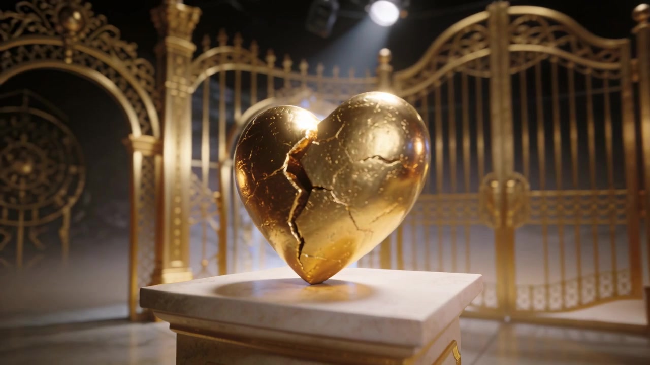 Telecamera in movimento che rivela una scultura a forma di cuore d'oro crepato su un piedistallo di marmo in una sala dorata, mostrando la crepa.