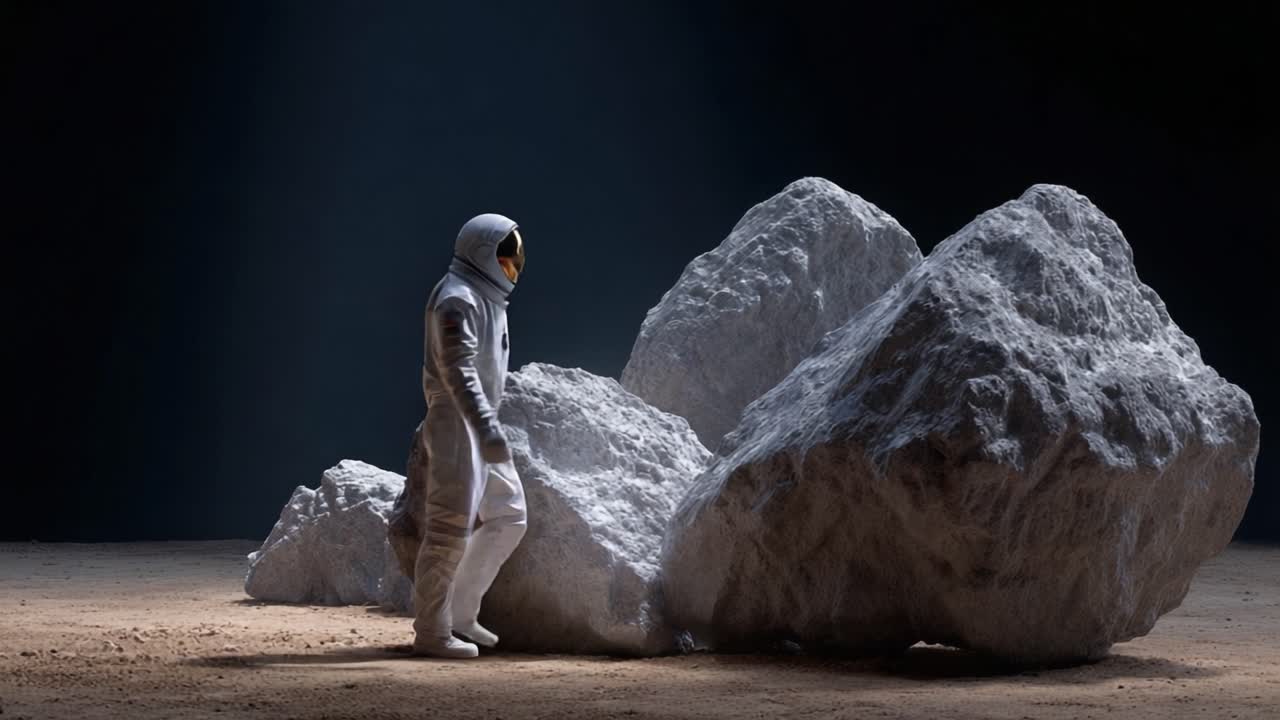 An astronaut explores a mysterious landscape filled with large, futuristic rocks, surrounded by deep shadows and a beam of light, contemplating the alien environment