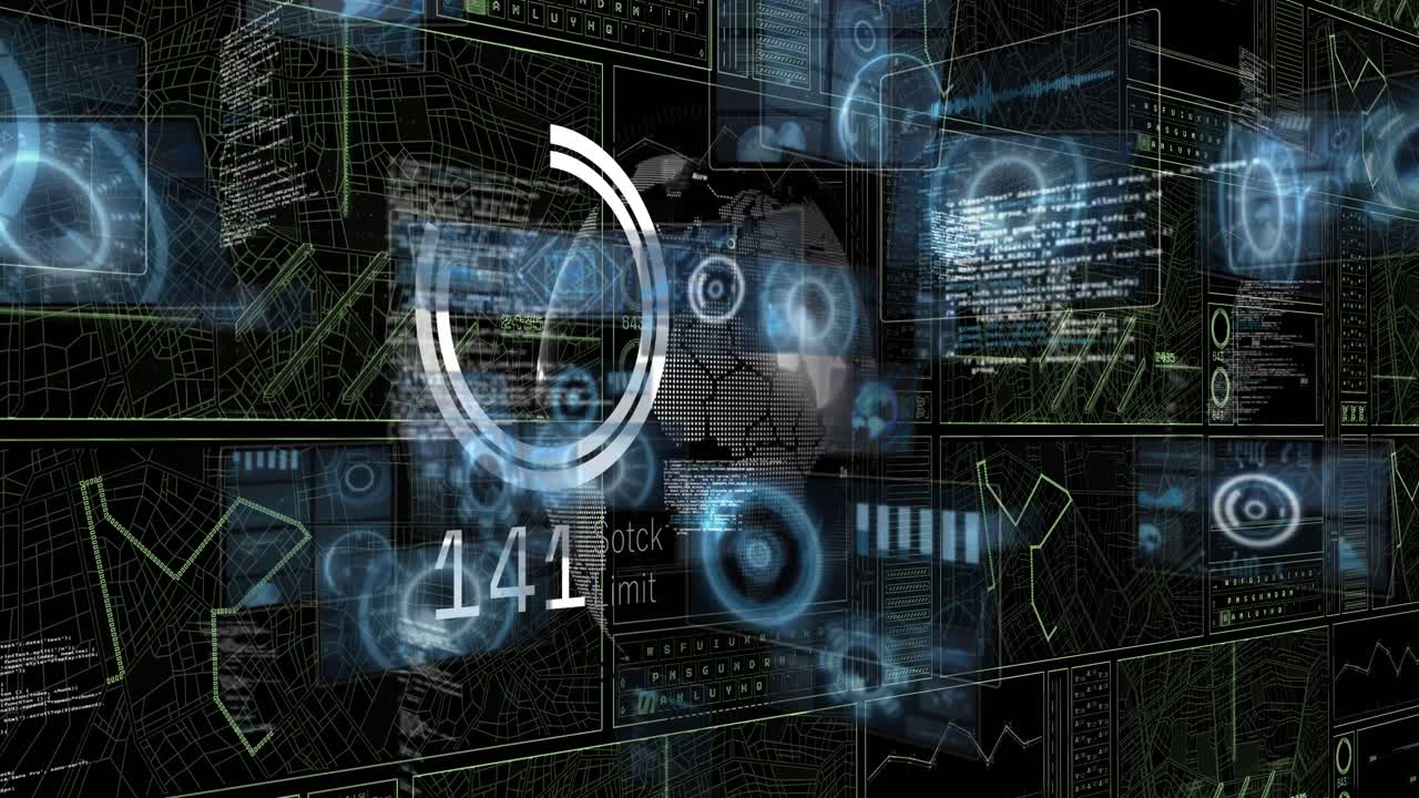 Animation of circles and data processing on black background