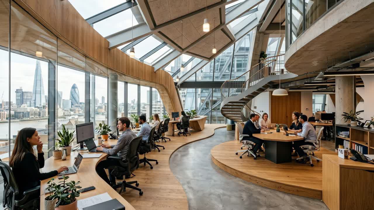 Employees Working in a Modern Open-Plan Office with London City View