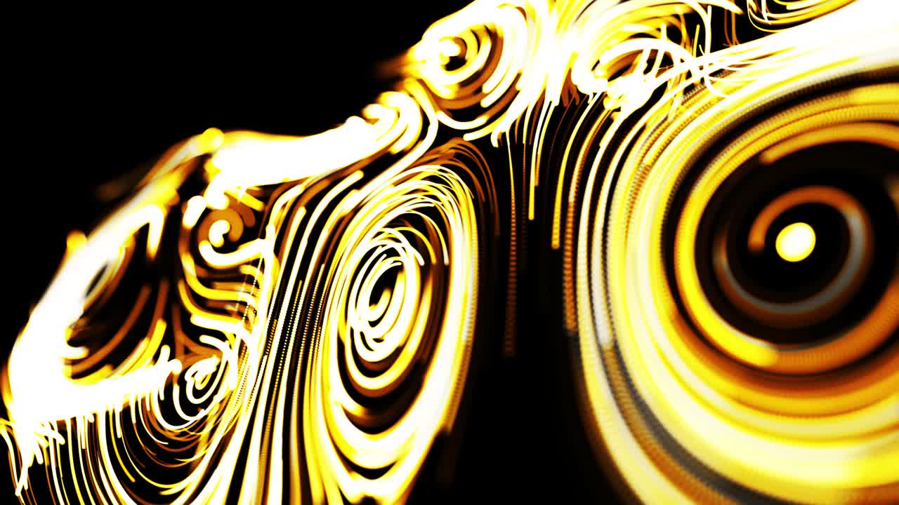 노란색 입자 흐름은 곱슬 모양의 반이는 선이나 반이는 흔적과 같은 가운 줄무를 형성하고, 곱슬 음과 같은 회전하는 패턴을 형성합니다.