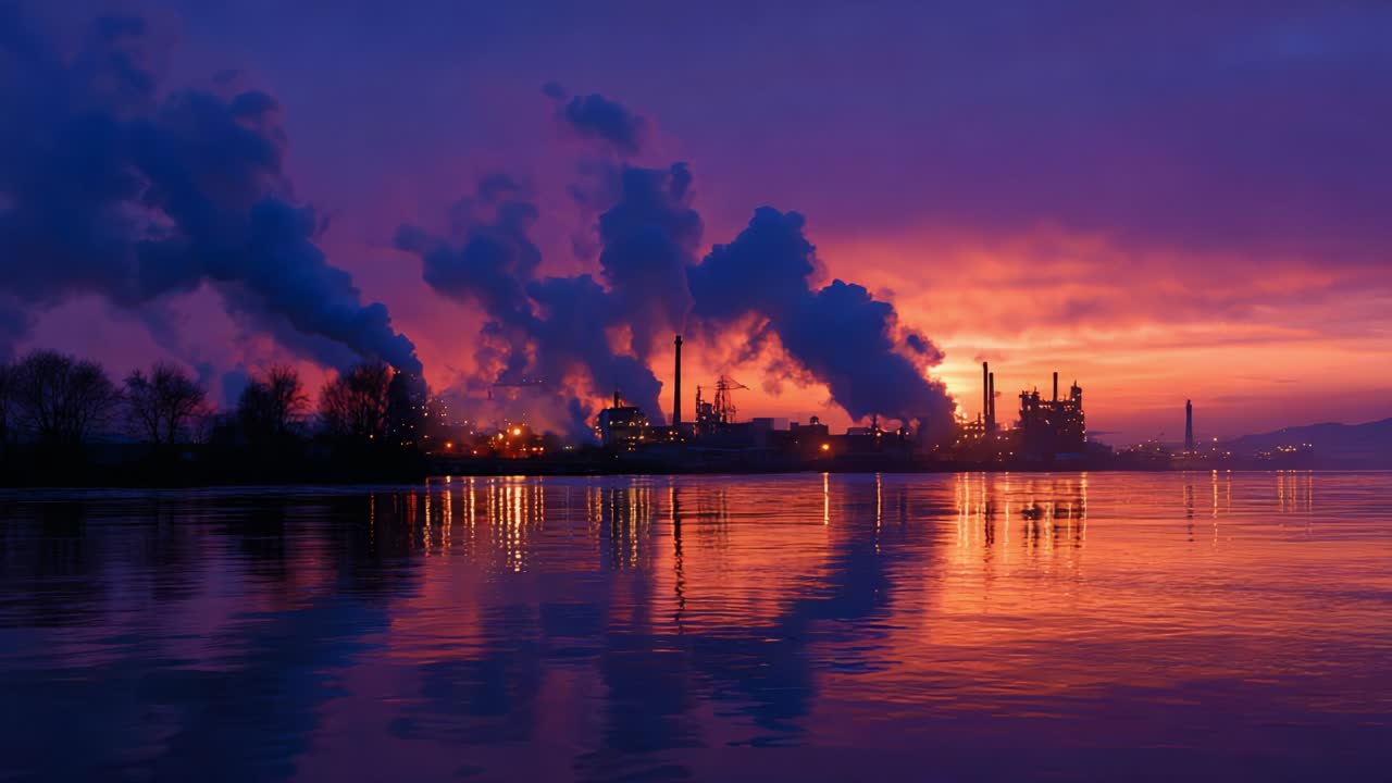 En fantastisk kontrast mellem industriel aktivitet og naturlig skønhed: Denne scene er fanget i to billeder og viser udledninger og refleksioner i skumringen, hvor industri møder rolige vande under livlige himmelstrøg
