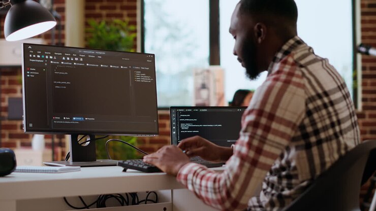 African american IT professional types programming code on dual monitors