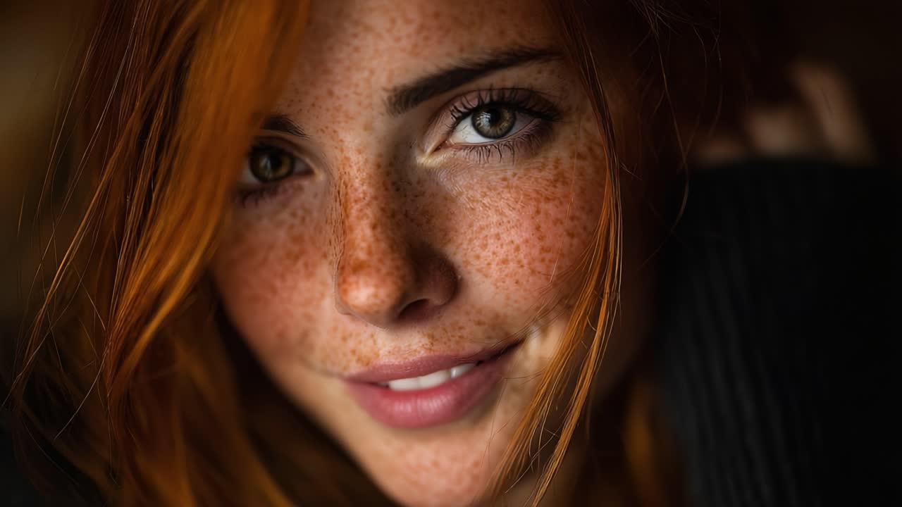 Un Primo Piano di una Giovane Donna con Lentiggini Marcate e Capelli Rossi Fiammanti, che Cattura i suoi Occhi Espressivi e il Sorriso Delicato in Morbida Luce Naturale.