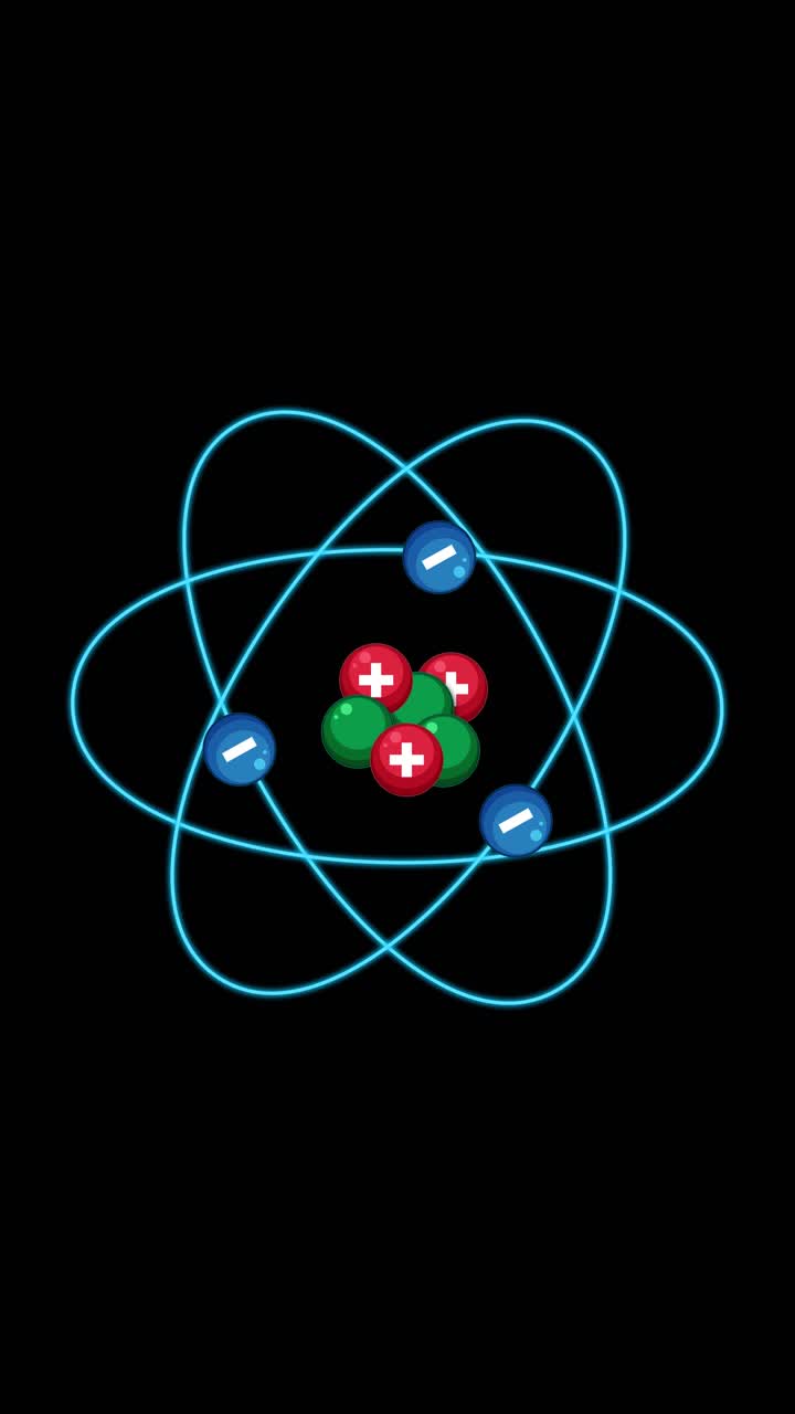 Colorful atomic structure animation showing electrons orbiting nucleus, with smooth transitions and dynamic movement