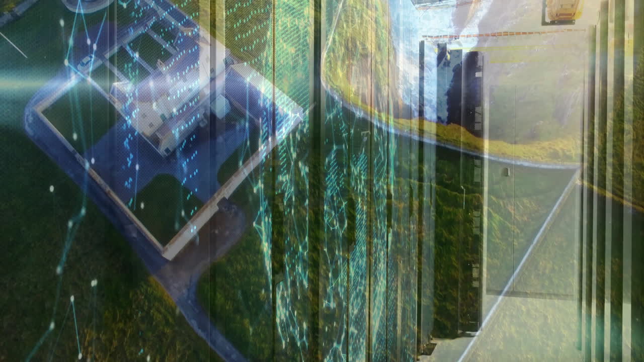 Animation of digital data patterns overlaying aerial view of city and greenery