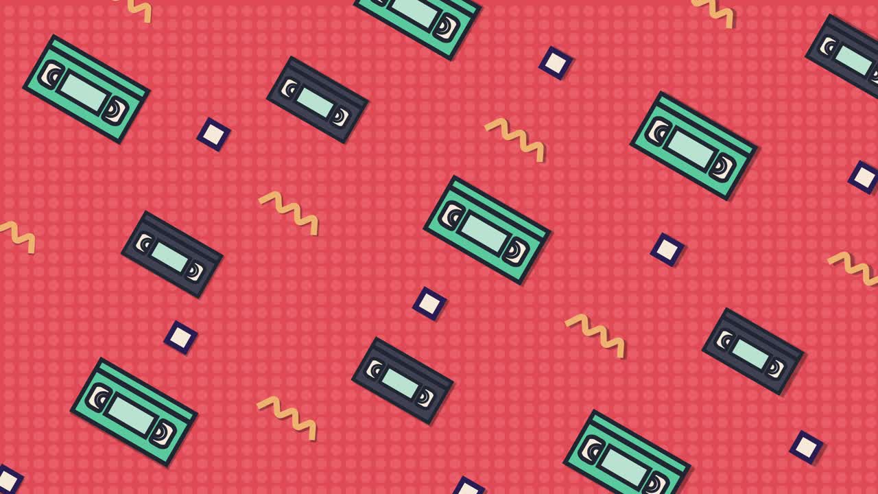 Sfondo rosa animato con videocassette in movimento, linee ondulate e quadrati