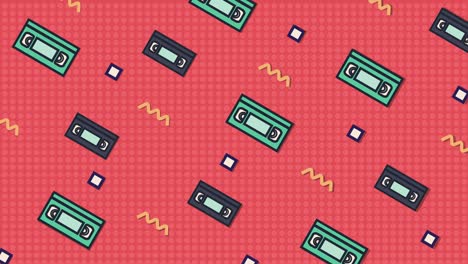 fondo rosado animado con cintas de video en movimiento, líneas onduladas y cuadrados.