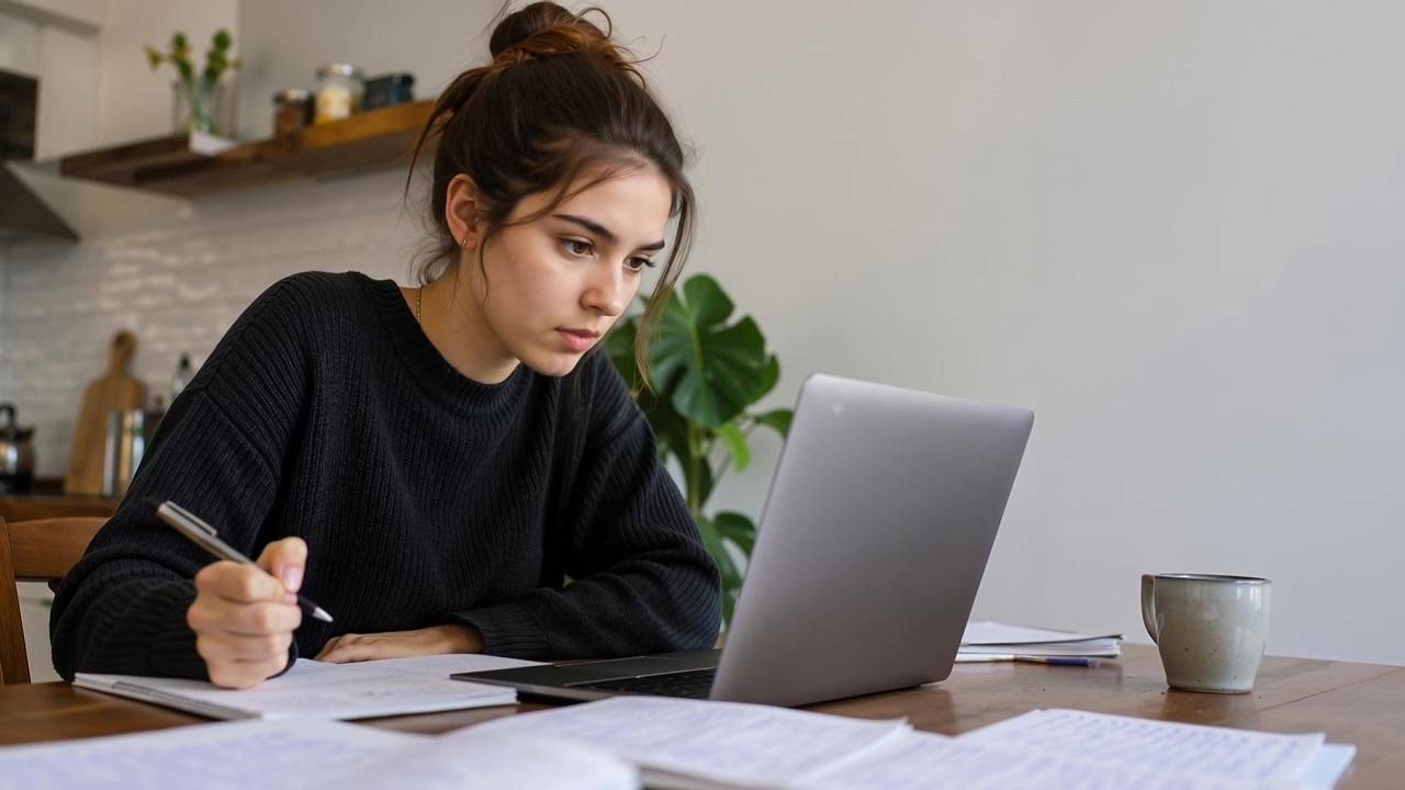 Ung kvinnelig student studerer med laptop og skriver notater ved kjøkkenbordet hjemme
