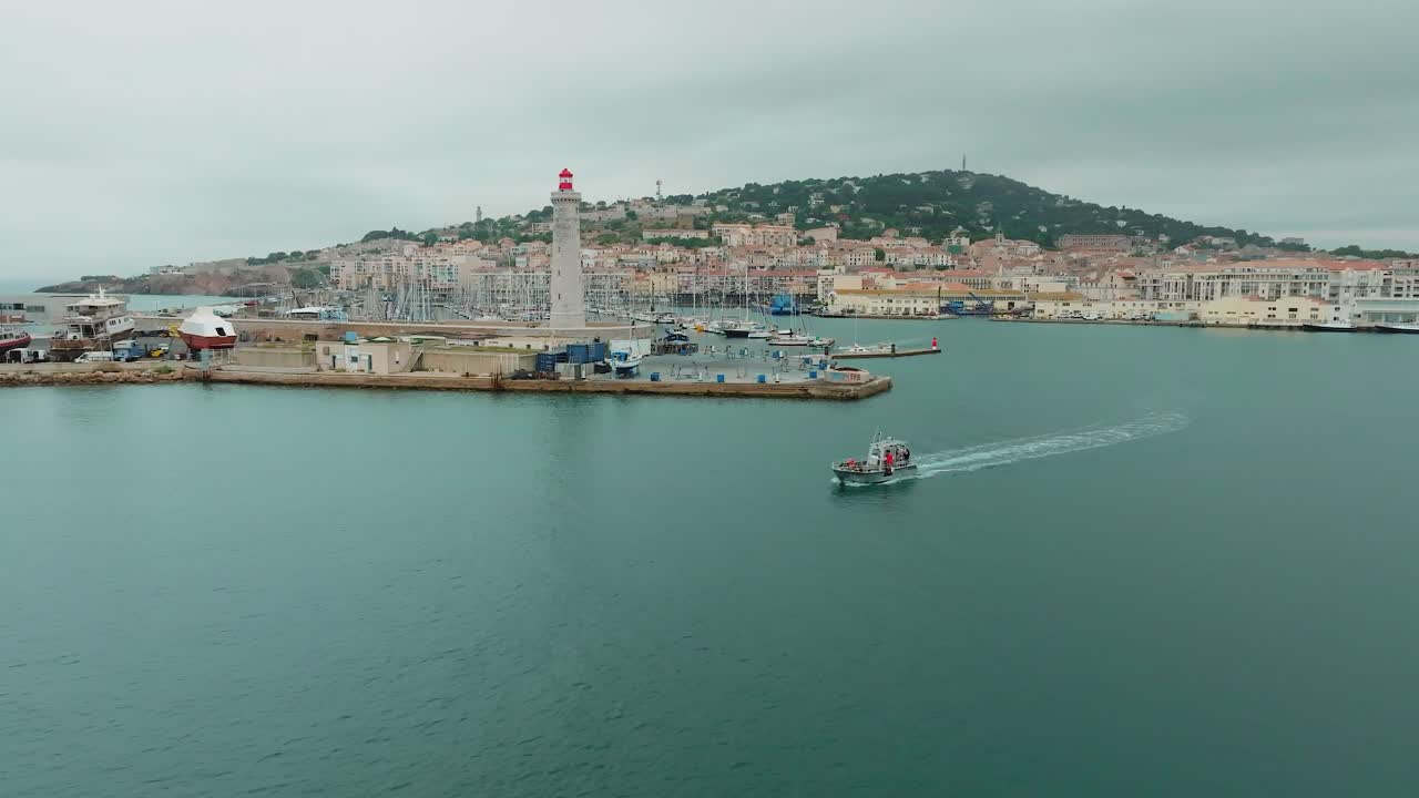 Research Boat Patrolling S&egrave;te Waterfront. France. Aerial Panoramic