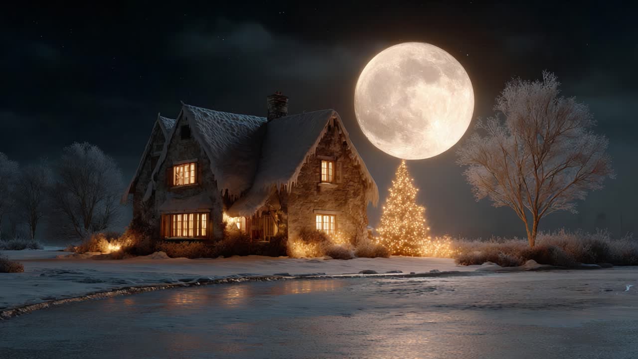 A Tranquil Winter Night Scene Featuring a Cozy Cottage Illuminated by Moonlight and a Beautiful Christmas Tree Amidst a Frosty Landscape
