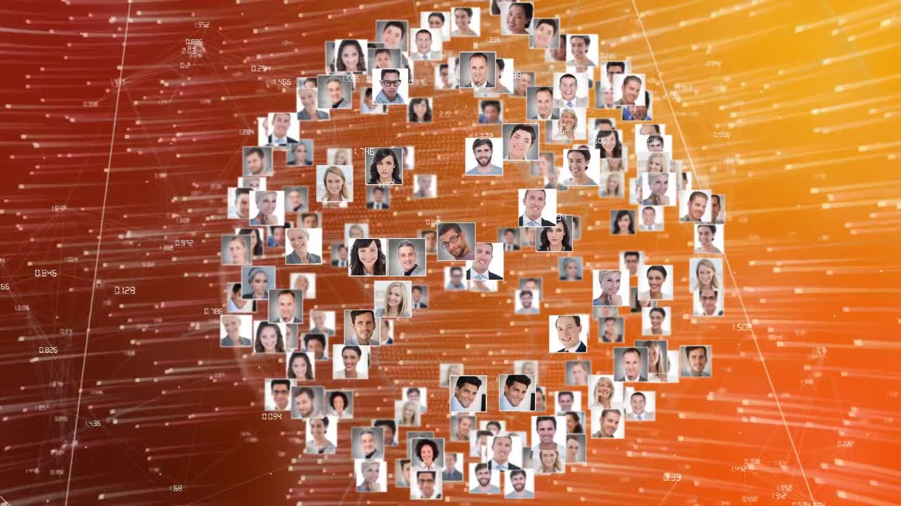 빨간색 배경에 사람 아이콘과  ⁇ 색 트레일과 함께 지구의 애니메이션