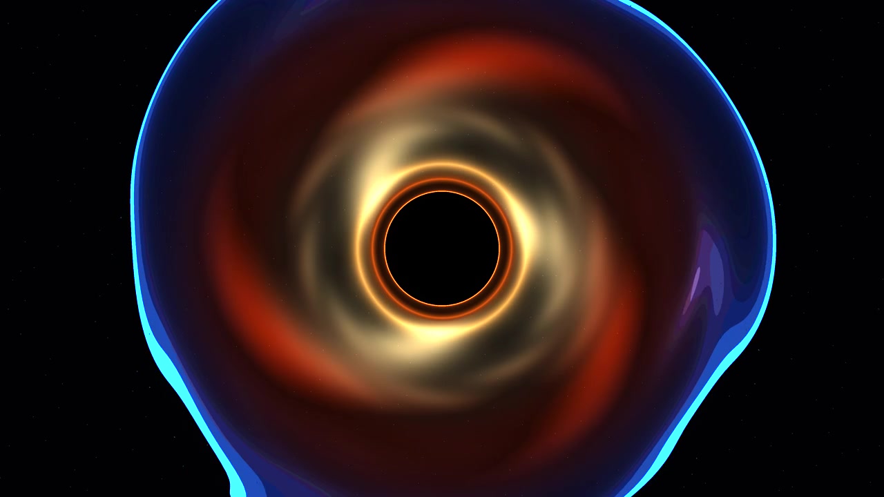 Sfondo con disco di accrescimento di buco nero. Questa scena presenta un disco di accrescimento di buco nero con materia ed energia vorticose. I colori si fondono fluidamente in un movimento circolare, creando un'immagine dinamica.