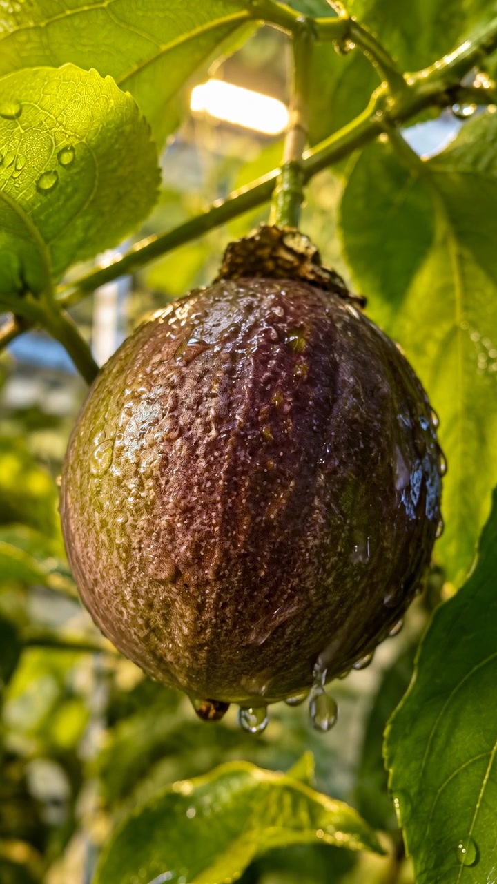 Vista ravvicinata in movimento di frutto della passione maturo appeso alla vite, goccioline d'acqua che brillano sulla buccia viola irregolare, retroilluminazione calda, prodotti freschi dell'orto, umidità naturale, dettaglio della maturazione, con frutto della passione