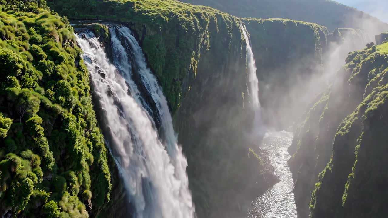 Aerial video captures majestic waterfalls cascading through lush green cliffs, with mist rising