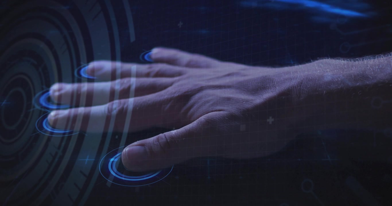 Tech pro hand entering UI, hovering and tapping holographic rings, generating code overlays