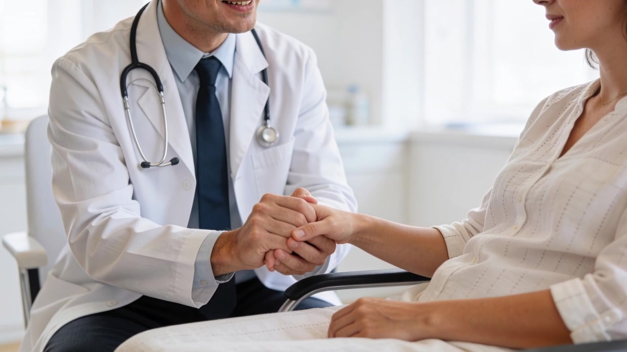 Un médico con bata blanca se acerca, sosteniendo la mano de una paciente embarazada en la clínica, examinándola con un estetoscopio.