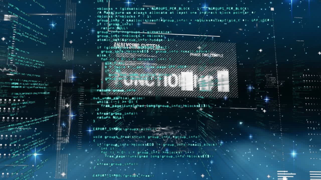 Animation of light trails and stars over data processing on black background