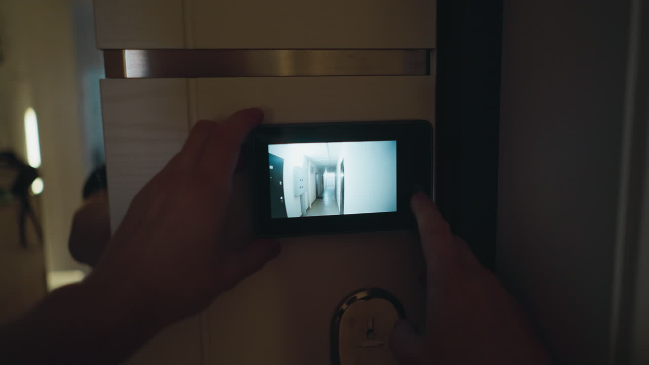 POV di una persona che usa un monitor spioncino digitale per controllare il corridoio fuori dalla propria porta per una maggiore sicurezza domestica.