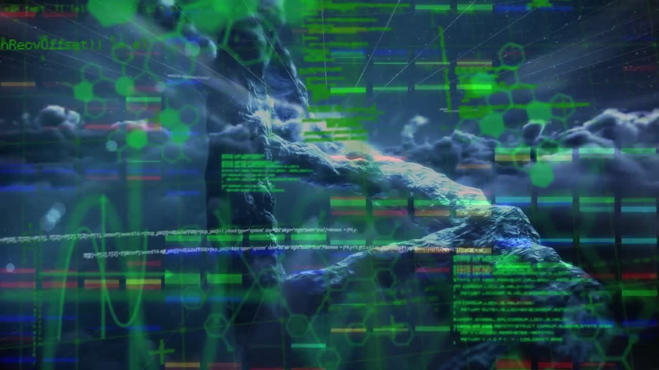 animazione del filo di dna sull'elaborazione dei dati e colonne mobili su sfondo nero