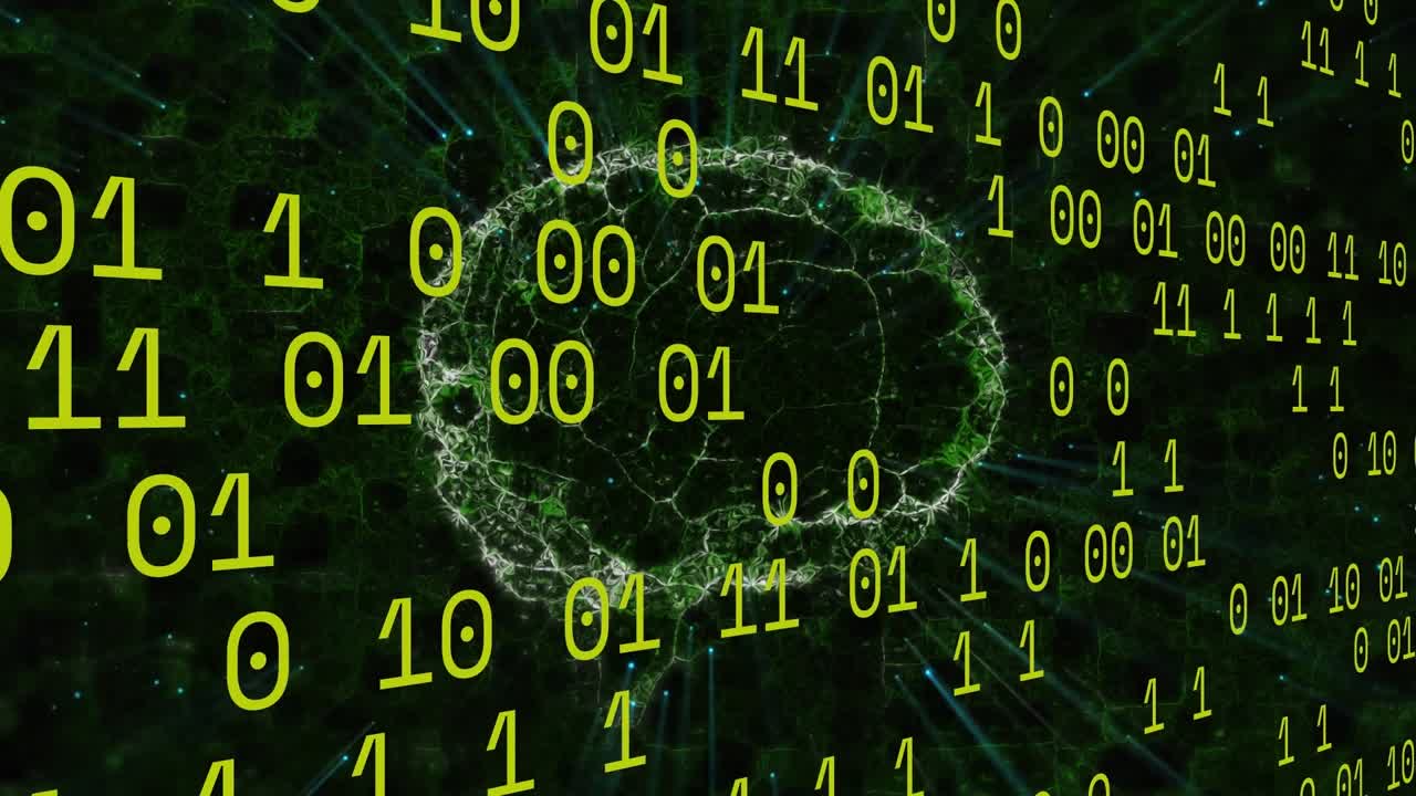 Animation of binary coding, human brain and network of connections