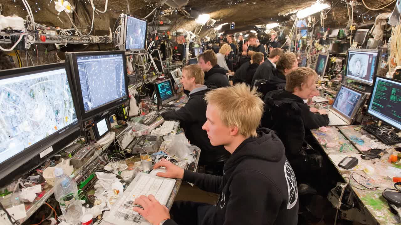 A Close Look into a Technologically Advanced Underground Workspace, Featuring Multiple Operators Engaged in Complex Digital Tasks Surrounded by High-Tech Equipment