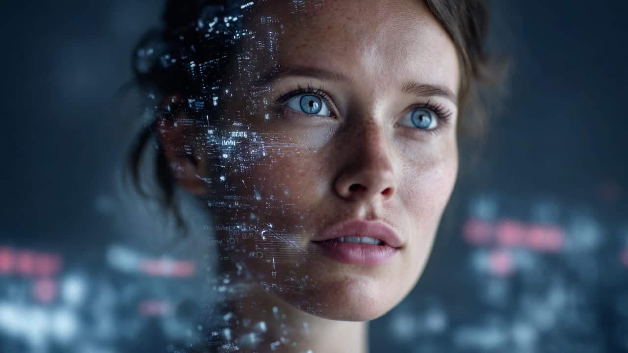 A Thoughtful Young Woman with Gorgeous Blue Eyes Gazes Intently, Capturing the Intersection of Humanity and Digital Reality in an Enigmatic Setting