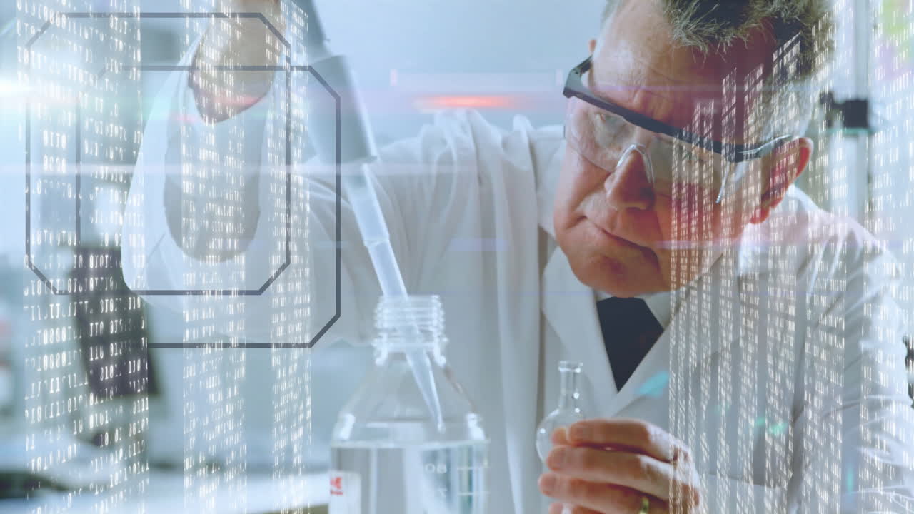 Conducting experiment, scientist with data processing animation overlay in lab