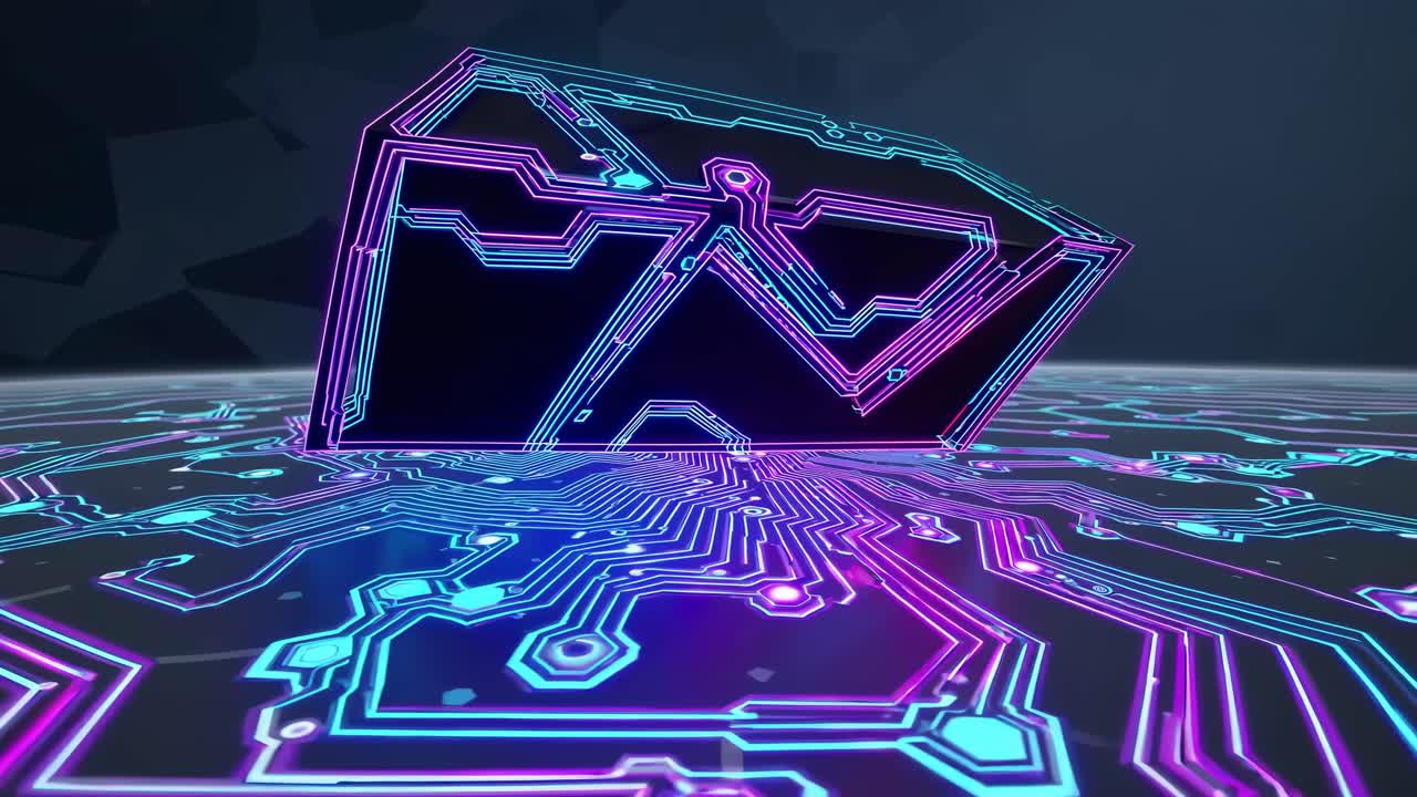 Futuristic video concept with a low-angle view of a digital cube on a glowing circuit board