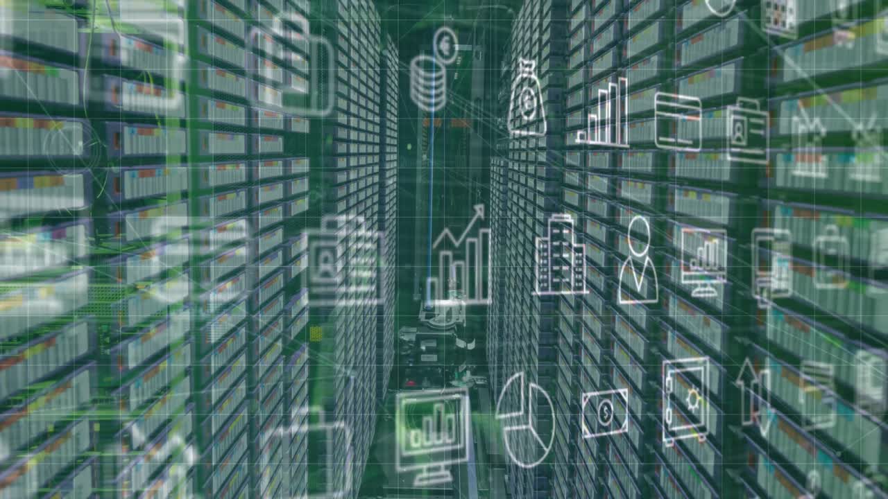 Animation of icons and network of connections over server room