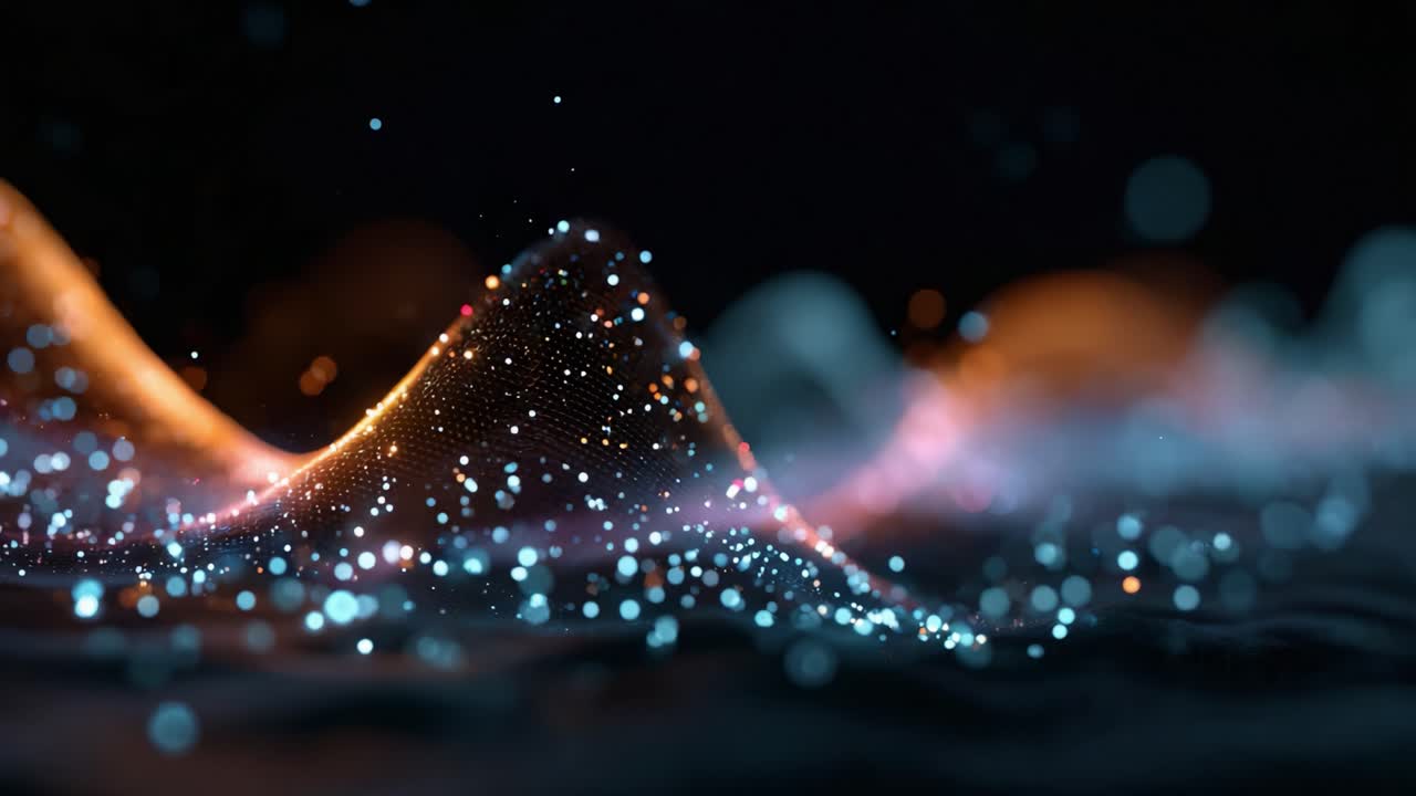 Rappresentazione astratta e affascinante di onde e particelle in un ambiente buio, con luci scintillanti e vivaci gradienti di colore che riflettono profondità e movimento