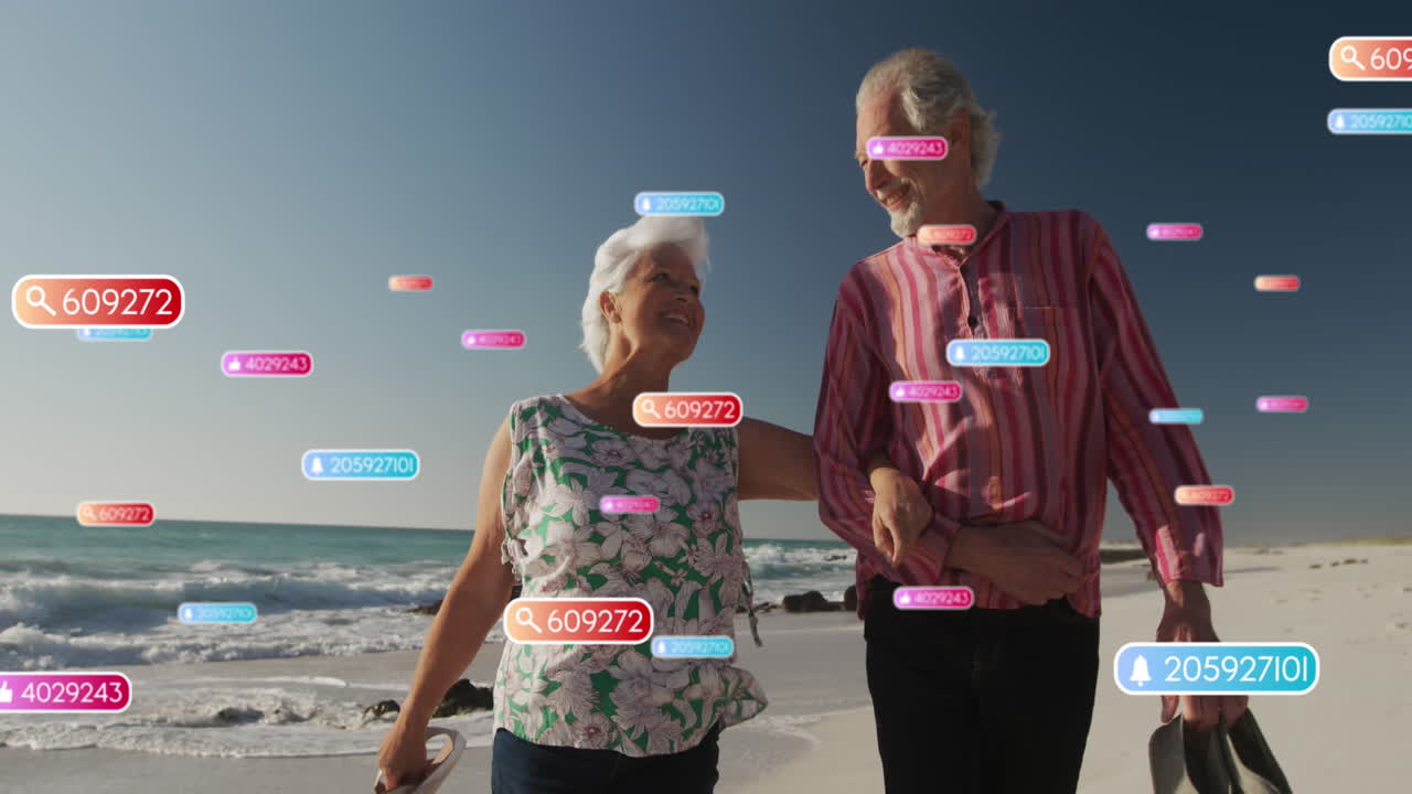 해변에 있는 고령 백인 부부 위에 있는 소셜 미디어 텍스트와 아이콘의 애니메이션