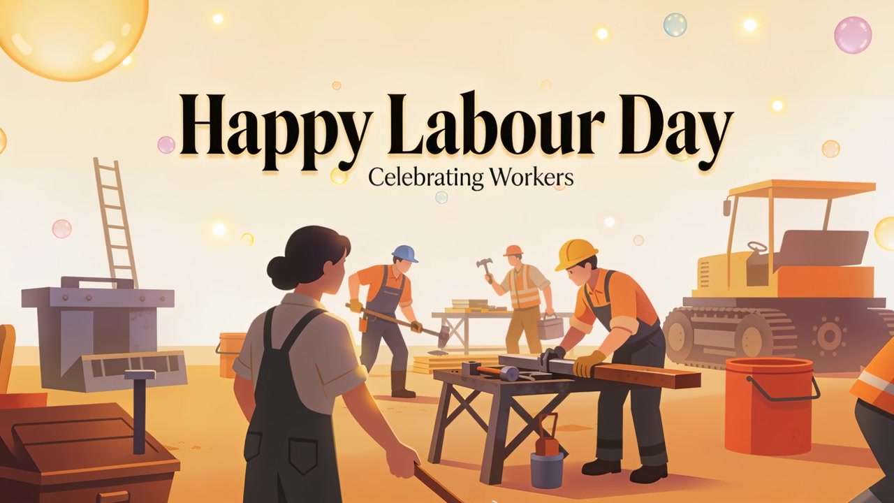 Pulling back revealing crew in hard hats hammering at site under Labour Day banner with tools