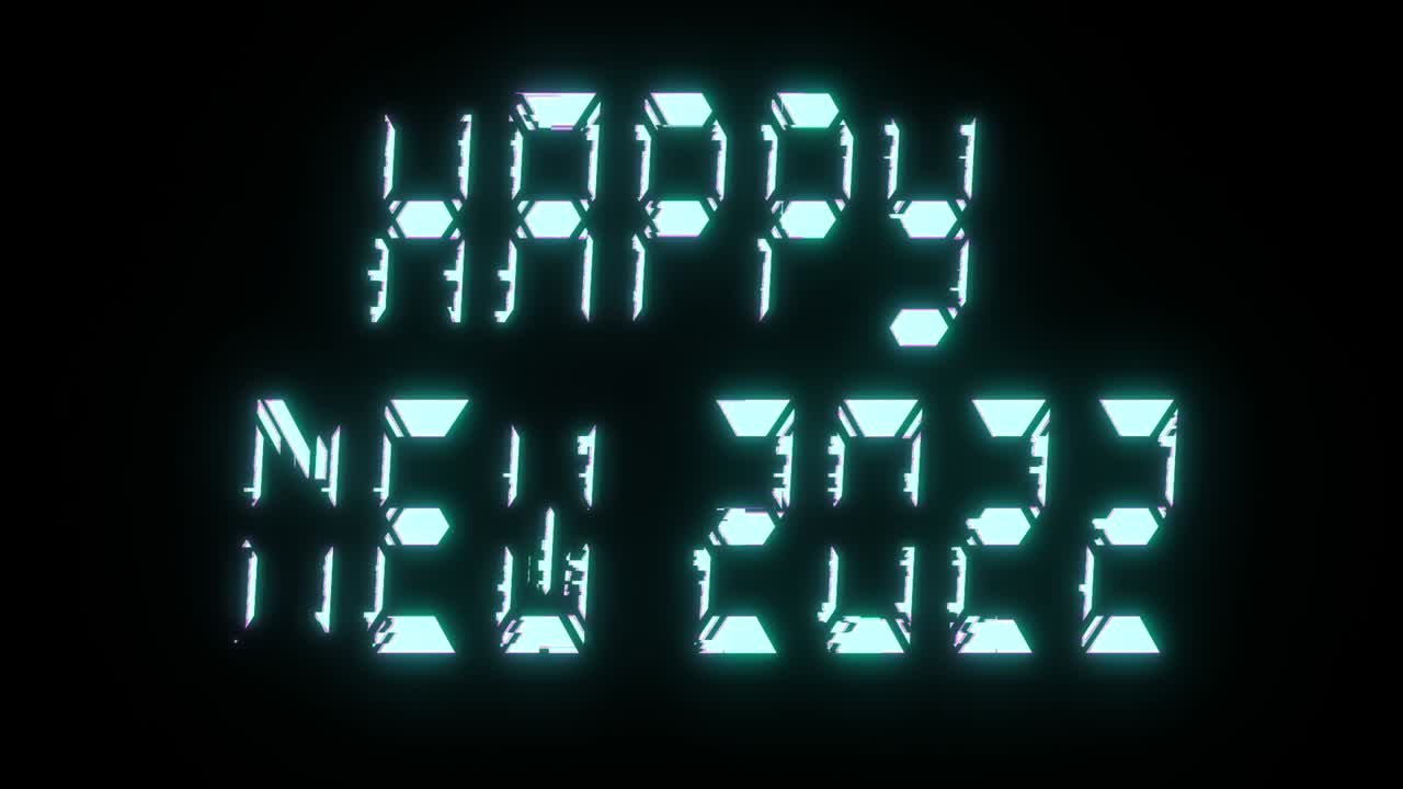 The inscription Happy New Year on a black background. Blue color. Digital font. 3d animation of a seamless loop