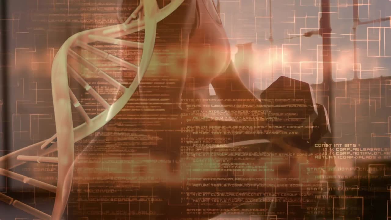 체육관에서 덤벨로 운동하는 건강한 여성의 중간 섹션에 대한 의료 데이터 처리