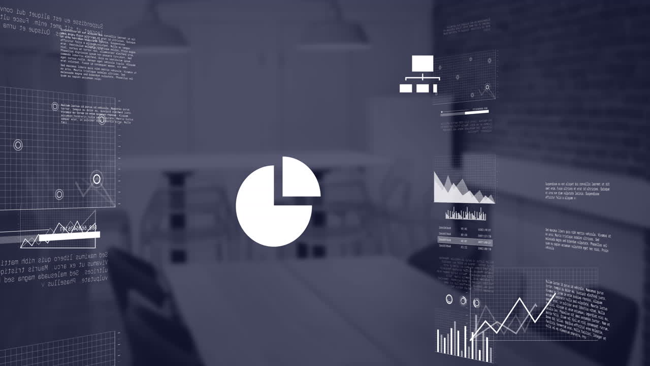 Animation of interface with statistical data processing against empty conference room at office