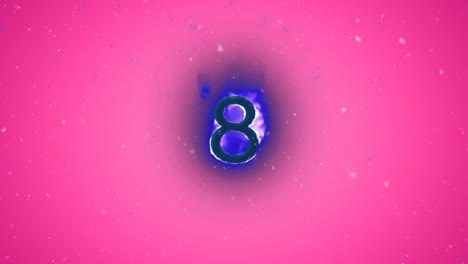 Animation-of-falling-white-particles-over-number-8-with-purple-flames,-on-pink-background